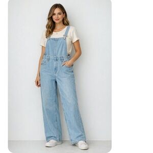 SHEIN Light Wash Denim Overalls Wide Leg Jumpsuit Cotton Adjustable Straps